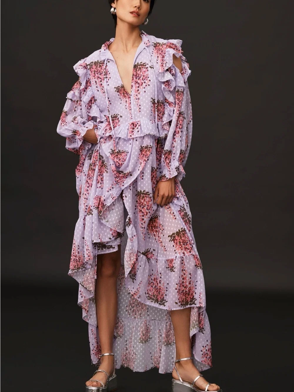 Lavender Floral Ruffle Cold-Shoulder Maxi Dress - Picture 4 of 4